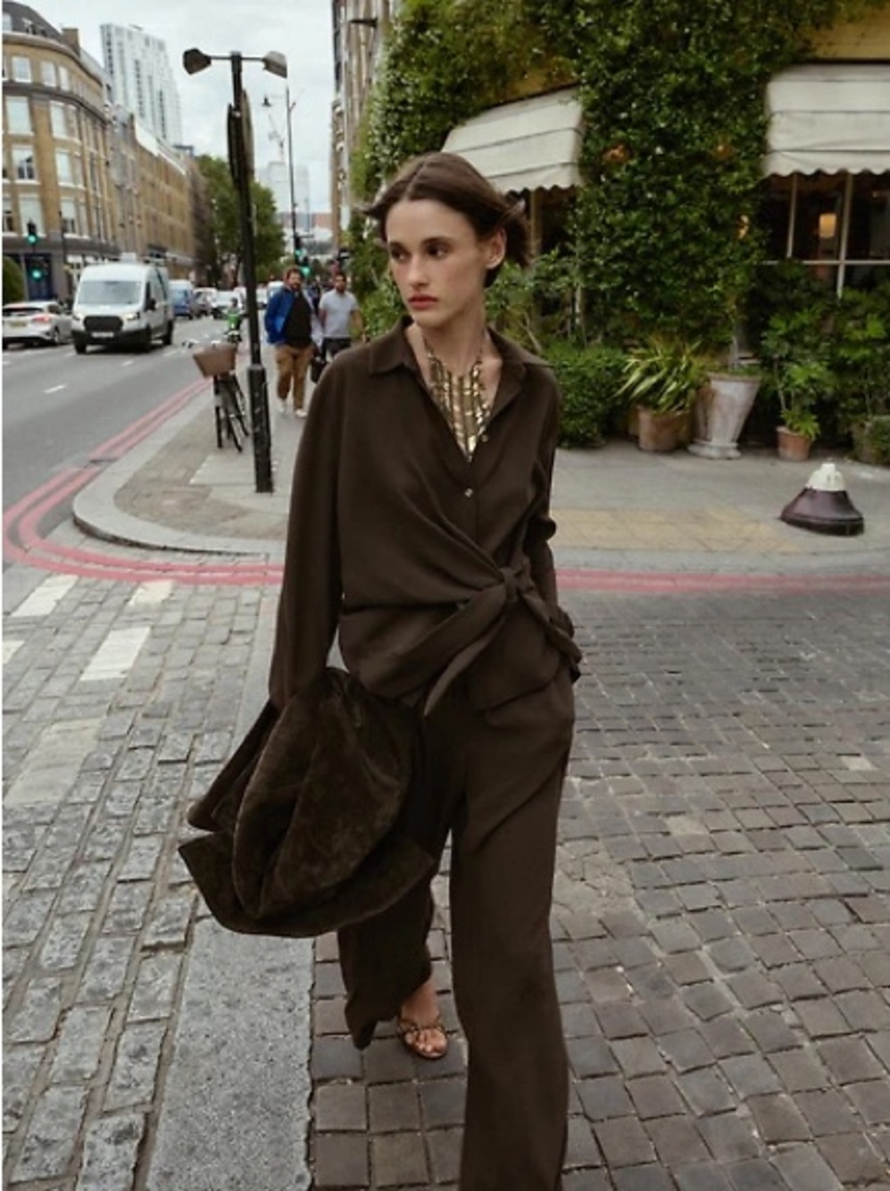 Zara 2 piece set Dark Brown Wrap Blouse & Wide-Leg Pants